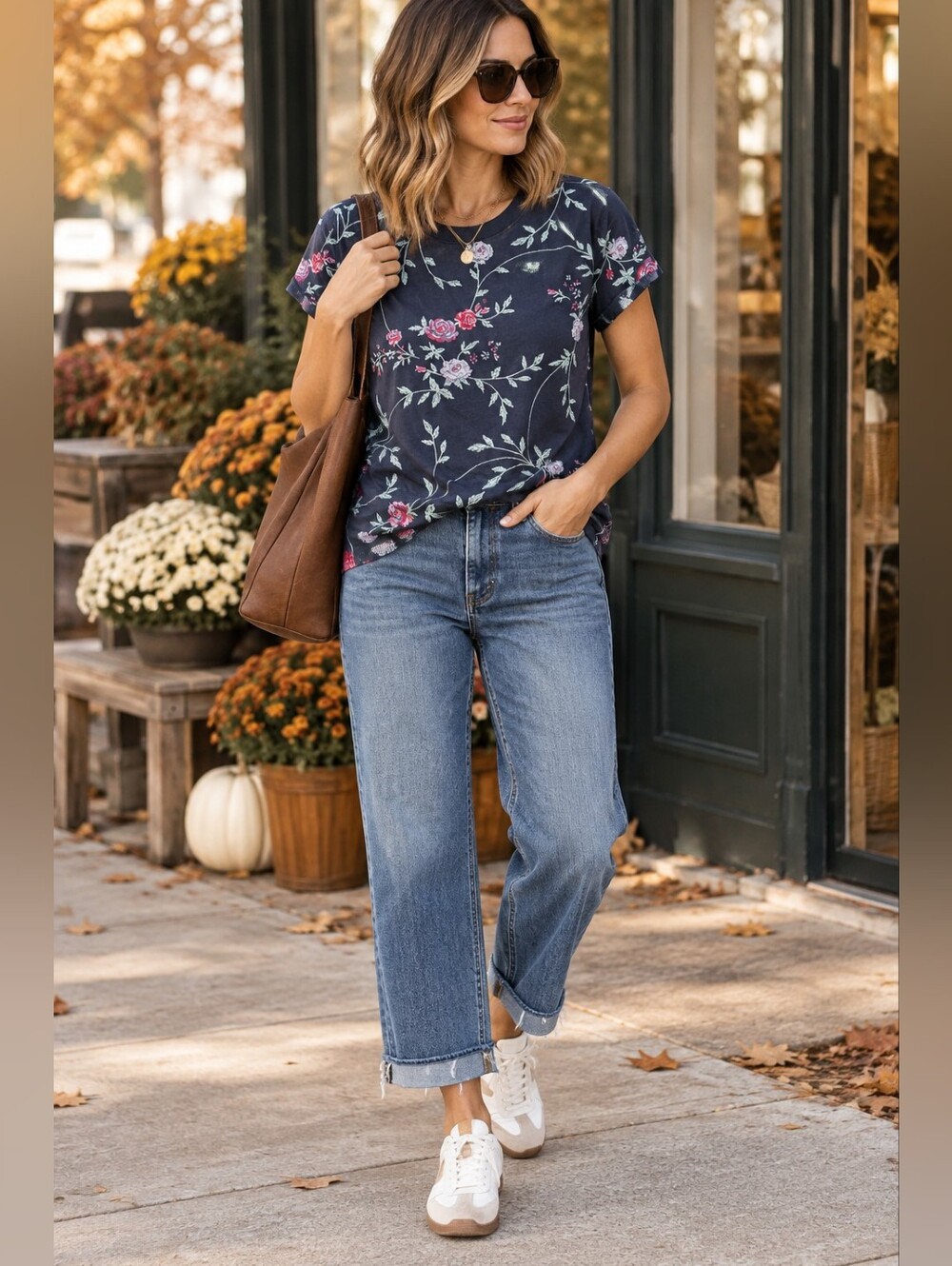 Driftwood Navy Floral Embroidered Tee Shirt Top Crew Neck Pull Over Cotton XS